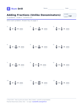 Adding Fractions (Unlike Denominators) printable PDF, page 1