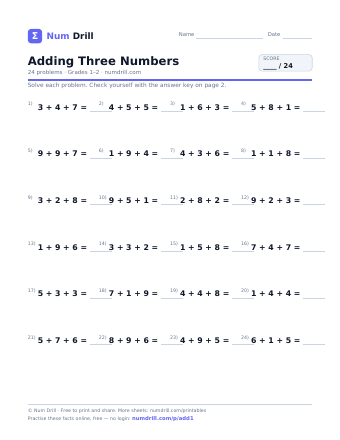 Adding Three Numbers printable PDF, page 1