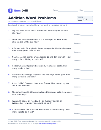 Addition Word Problems printable PDF, page 1