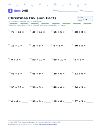 Christmas Division Facts printable PDF, page 1