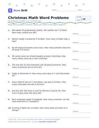 Christmas Math Word Problems printable PDF, page 1
