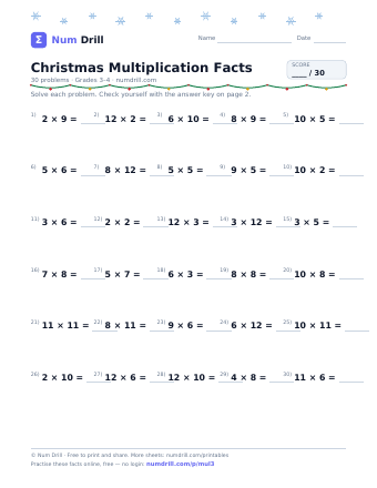 Christmas Multiplication Facts printable PDF, page 1