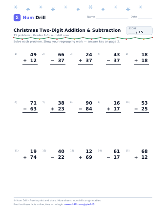 Christmas Two-Digit Addition & Subtraction printable PDF, page 1
