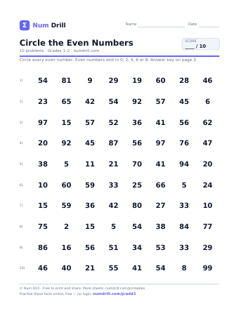 Circle the Even Numbers printable PDF, page 1