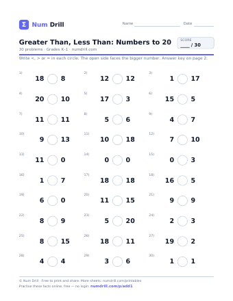 Greater Than, Less Than: Numbers to 20 printable PDF, page 1