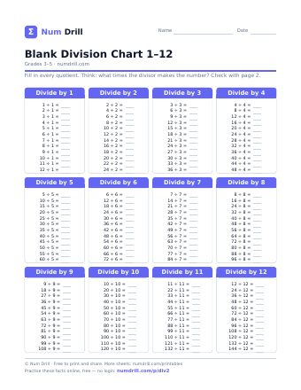 Blank Division Chart 1–12 printable PDF, page 1