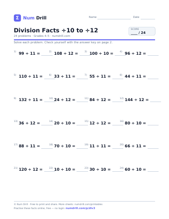 Division Facts ÷10 to ÷12 printable PDF, page 1