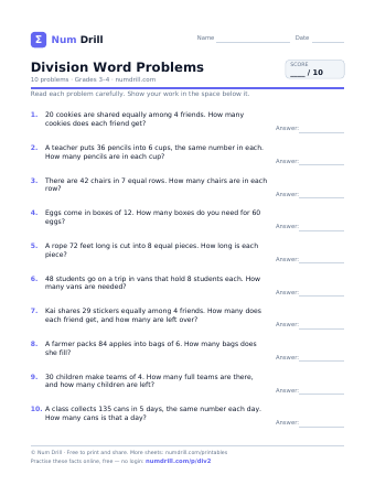 Division Word Problems printable PDF, page 1