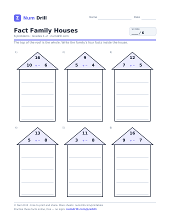 Fact Family Houses printable PDF, page 1