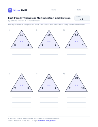 Fact Family Triangles: Multiplication and Division printable PDF, page 1