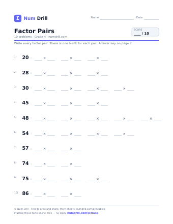 Factor Pairs printable PDF, page 1