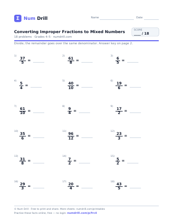 Converting Improper Fractions to Mixed Numbers printable PDF, page 1