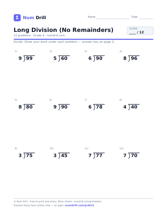 Long Division (No Remainders) printable PDF, page 1