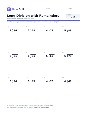 Long Division with Remainders printable PDF, page 1