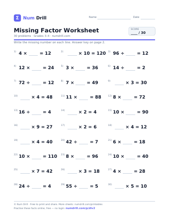 Missing Factor Worksheet printable PDF, page 1