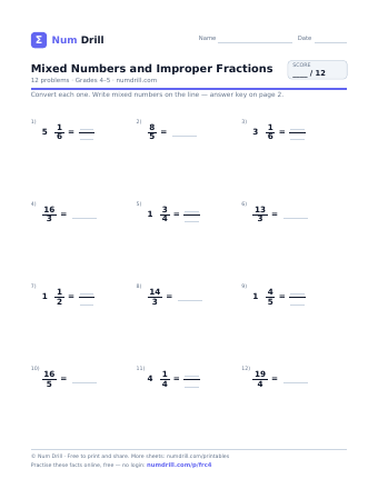 Mixed Numbers and Improper Fractions printable PDF, page 1
