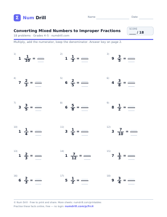 Converting Mixed Numbers to Improper Fractions printable PDF, page 1