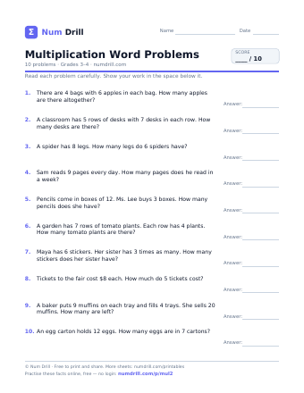 Multiplication Word Problems printable PDF, page 1