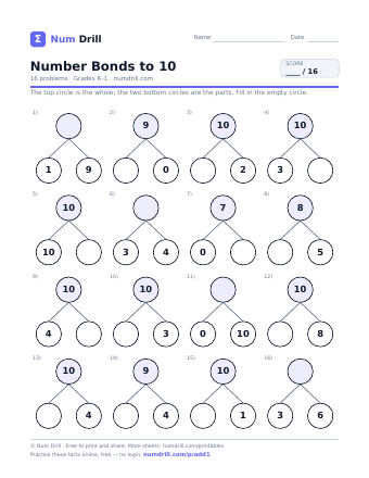 Number Bonds to 10 printable PDF, page 1
