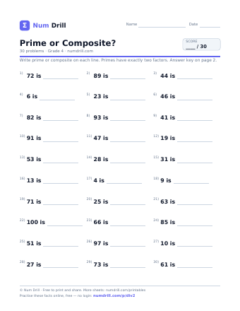 Prime or Composite? printable PDF, page 1