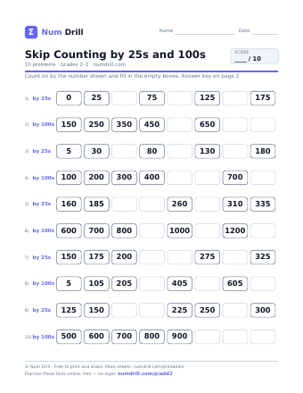 Skip Counting by 25s and 100s printable PDF, page 1
