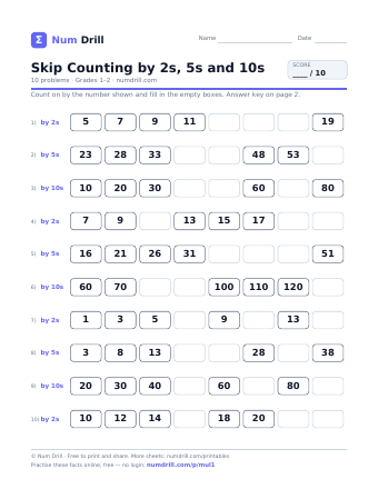 Skip Counting by 2s, 5s and 10s printable PDF, page 1