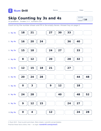 Skip Counting by 3s and 4s printable PDF, page 1