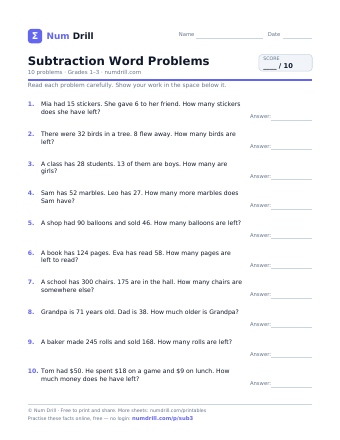 Subtraction Word Problems printable PDF, page 1