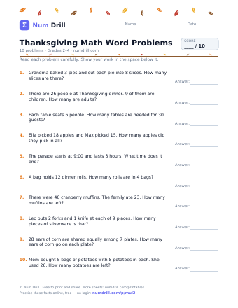 Thanksgiving Math Word Problems printable PDF, page 1