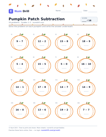 Pumpkin Patch Subtraction printable PDF, page 1