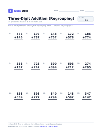 Three-Digit Addition (Regrouping) printable PDF, page 1