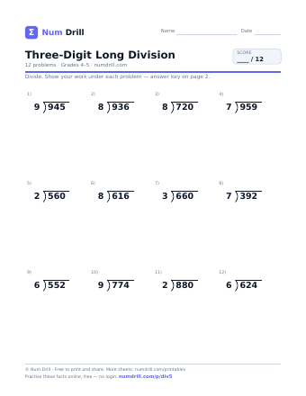 Three-Digit Long Division printable PDF, page 1