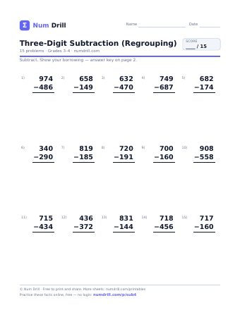 Three-Digit Subtraction (Regrouping) printable PDF, page 1