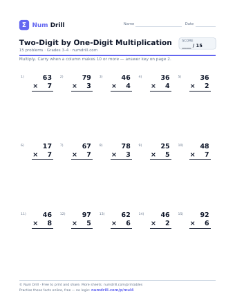 Two-Digit by One-Digit Multiplication printable PDF, page 1
