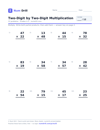 Two-Digit by Two-Digit Multiplication printable PDF, page 1
