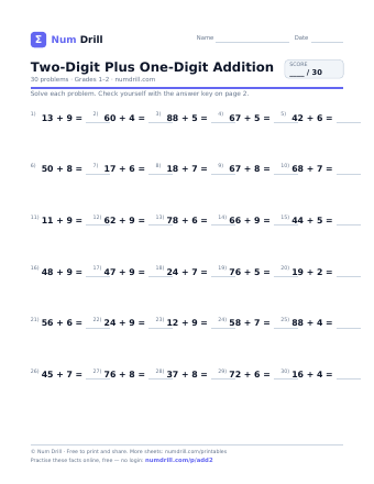 Two-Digit Plus One-Digit Addition printable PDF, page 1