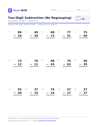 Two-Digit Subtraction (No Regrouping) printable PDF, page 1